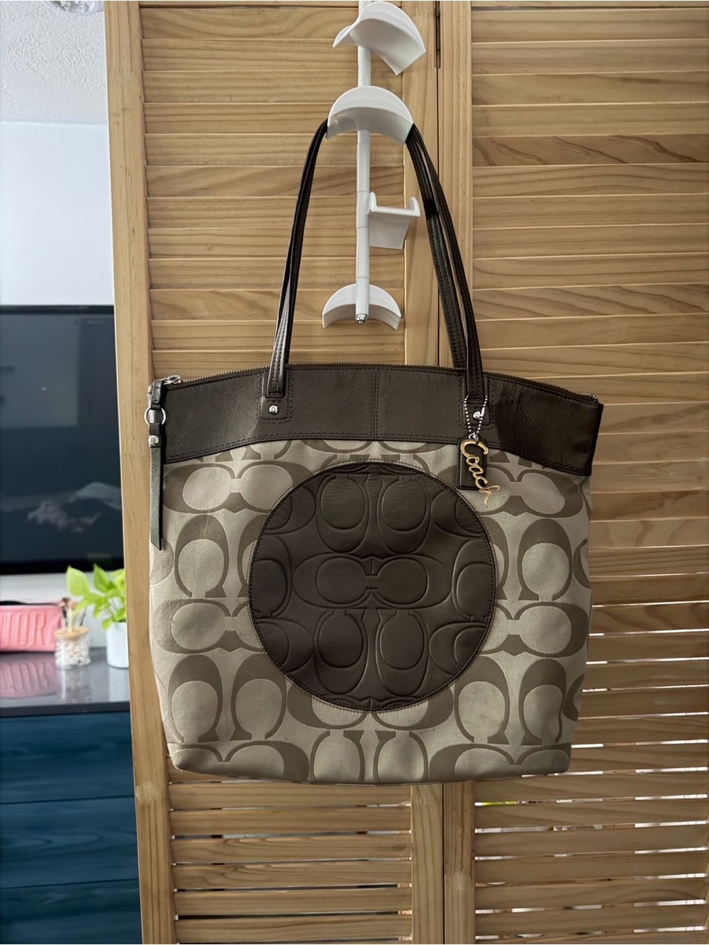 Coach Taupe and Dark Brown Signature Circle Tote